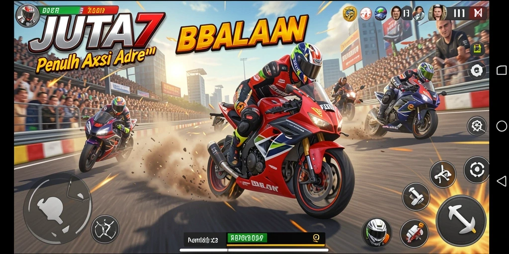 Tampilan gameplay <strong>JUTA7</strong> dengan aksi balapan motor yang seru.