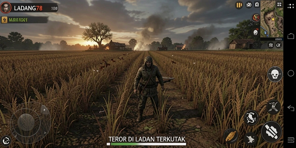 Tangkapan layar gameplay LADANG78 yang memperlihatkan suasana horor yang mencekam.
