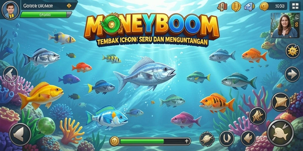 Screenshot utama MONEYBOOM menunjukkan aksi seru menangkap ikan.