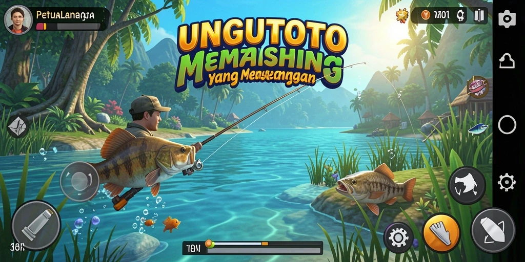 Screenshot gameplay UNGUTOTO yang menampilkan suasana memancing yang seru.