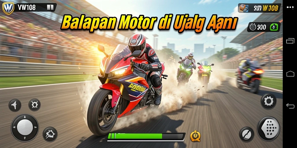 Screenshot VW108 menampilkan balapan motor yang intens dan mendebarkan.